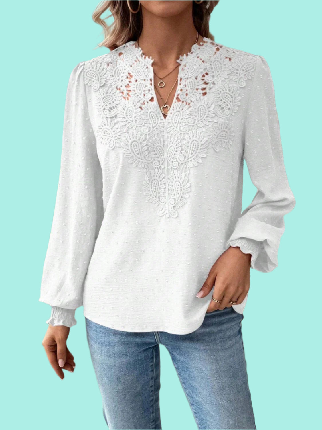 Swiss Dot Lace Detail Notched Long Sleeve Blouse