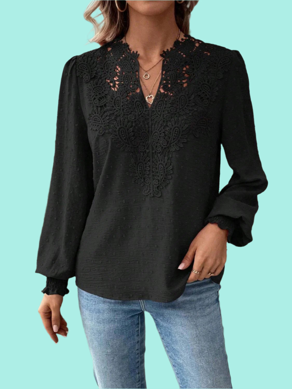 Swiss Dot Lace Detail Notched Long Sleeve Blouse