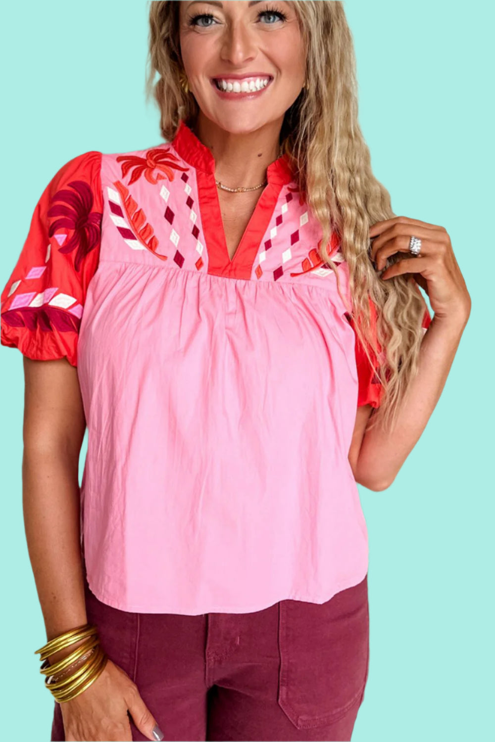 Embroidered Notched Short Sleeve Babydoll Blouse