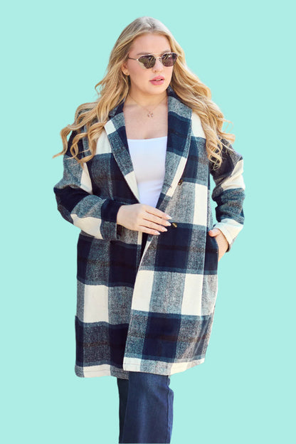 Double Take Full Size Plaid Button Up Lapel Collar Coat