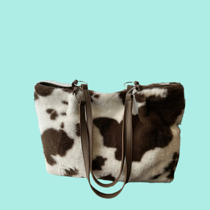 Cow Print Furry Tote Bag