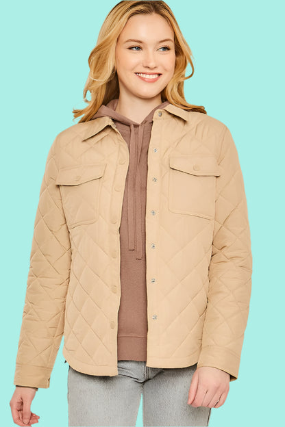 Woven Quilted Solid Bust Pocket Shacket