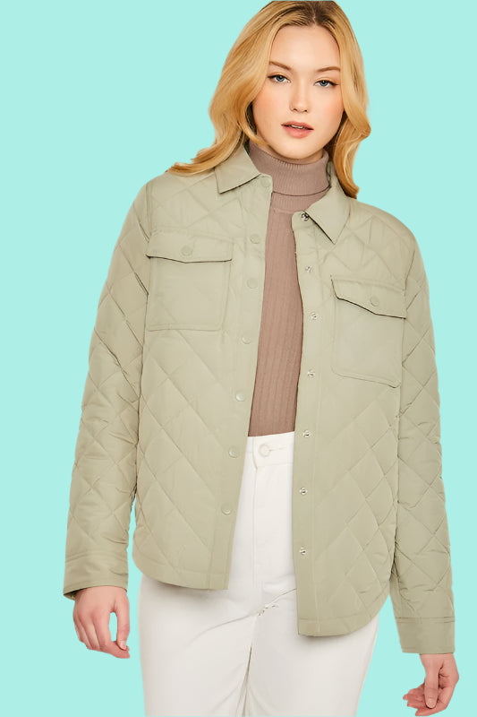 Woven Quilted Solid Bust Pocket Shacket