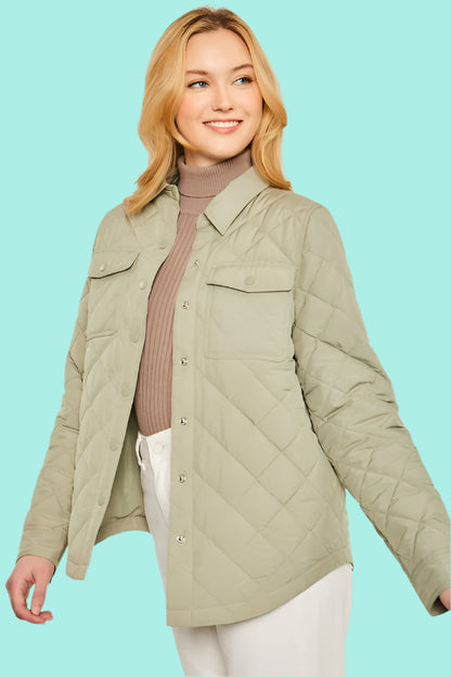 Woven Quilted Solid Bust Pocket Shacket