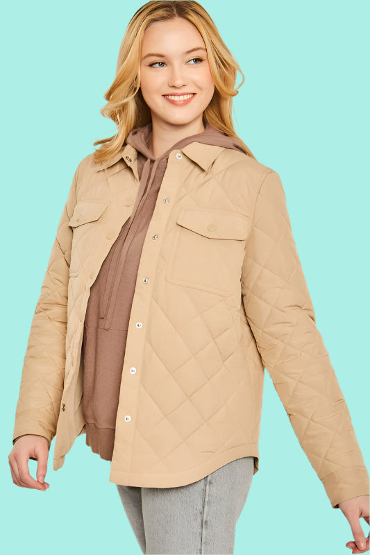 Woven Quilted Solid Bust Pocket Shacket