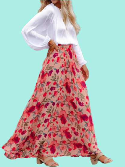 Printed Elastic Waist Pleated Maxi Skirt