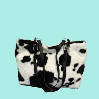 Cow Print Furry Tote Bag