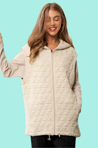 Quilted Solid Long Sleeve Zipper Front Hoodie Jacket