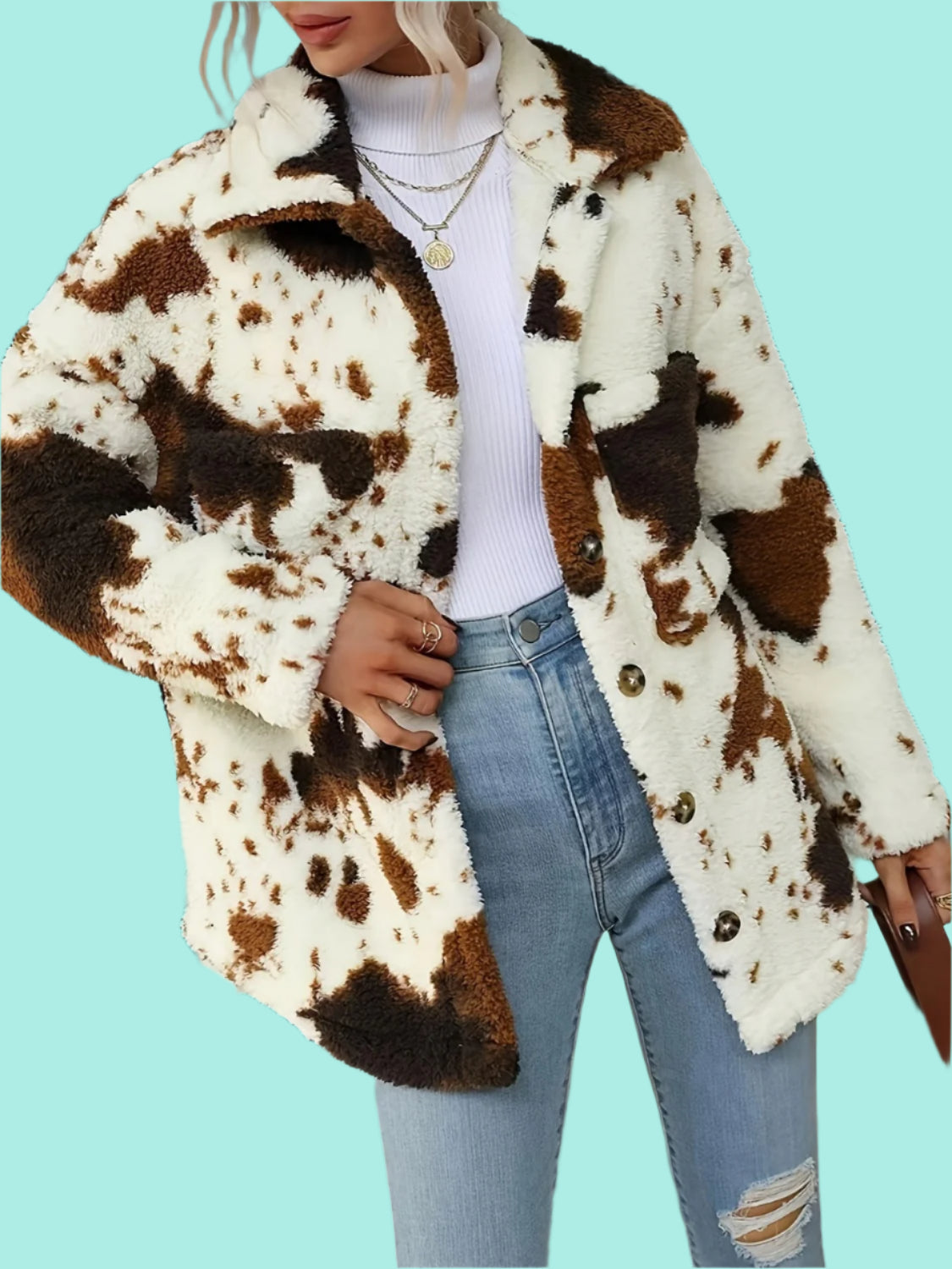 Cow Print Collared Neck Button Up Fuzzy Jacket