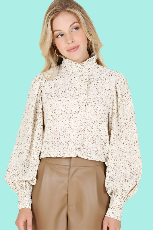 Standing collar floral frill blouse