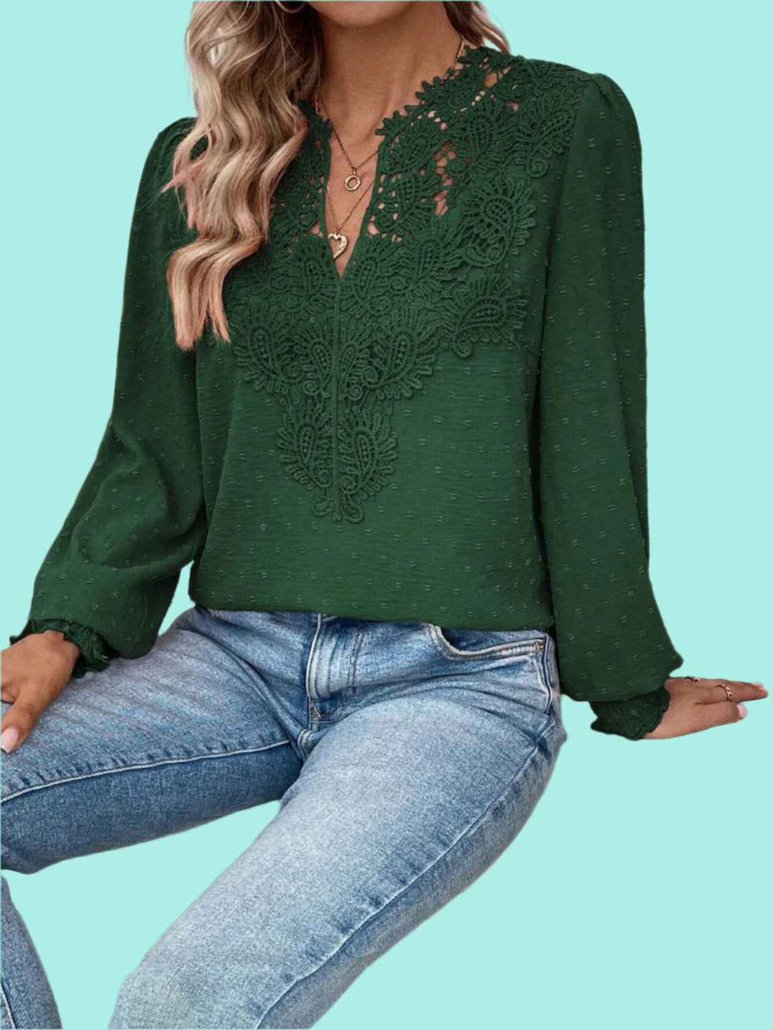 Swiss Dot Lace Detail Notched Long Sleeve Blouse