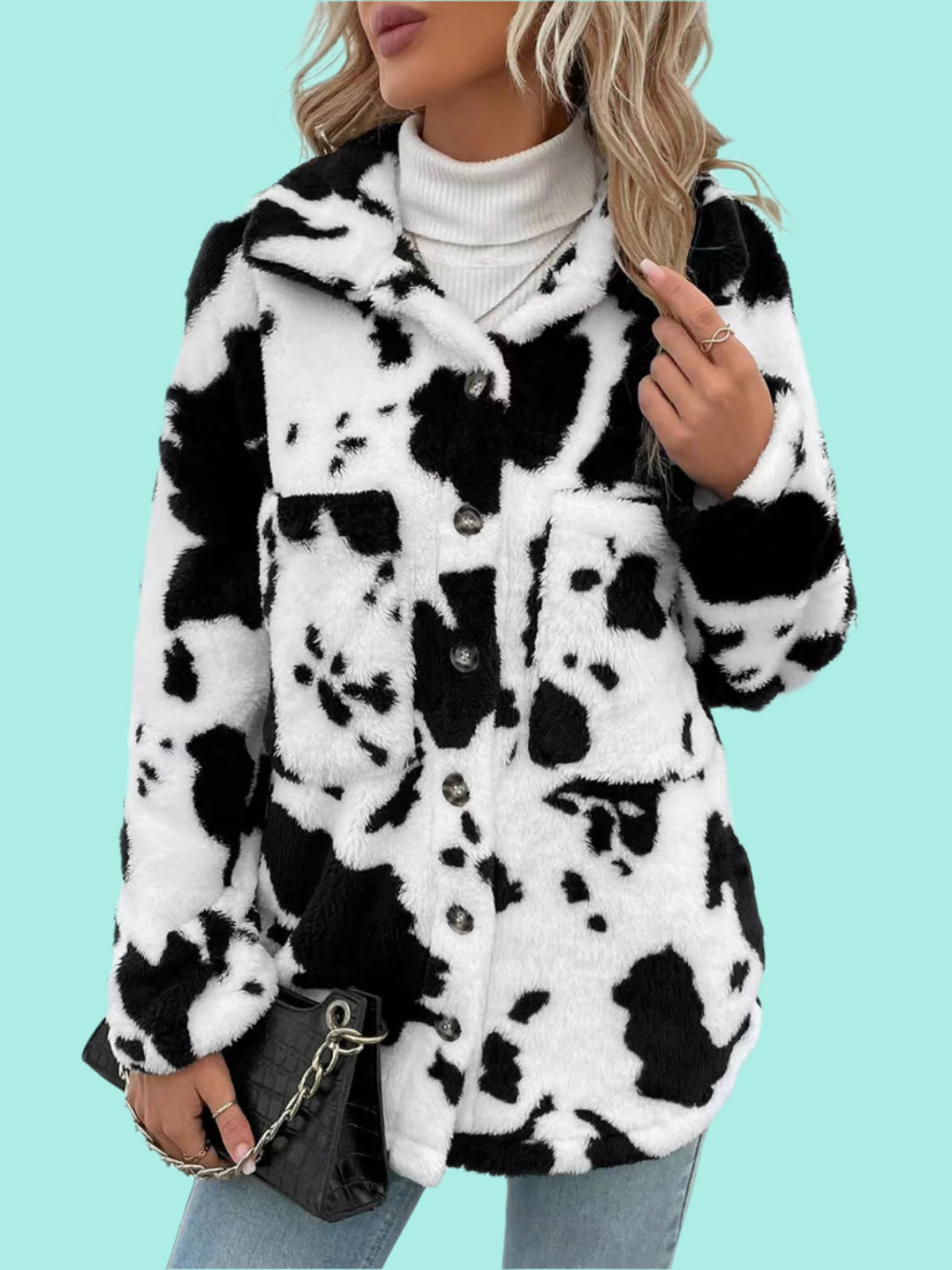 Cow Print Collared Neck Button Up Fuzzy Jacket