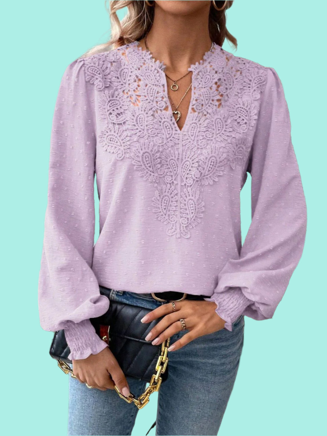 Swiss Dot Lace Detail Notched Long Sleeve Blouse