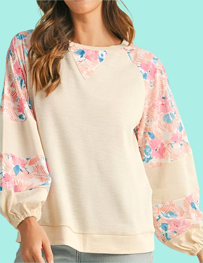 Cotton Ribbed Floral Stitch Balloon Sleeve Pull Over Tee