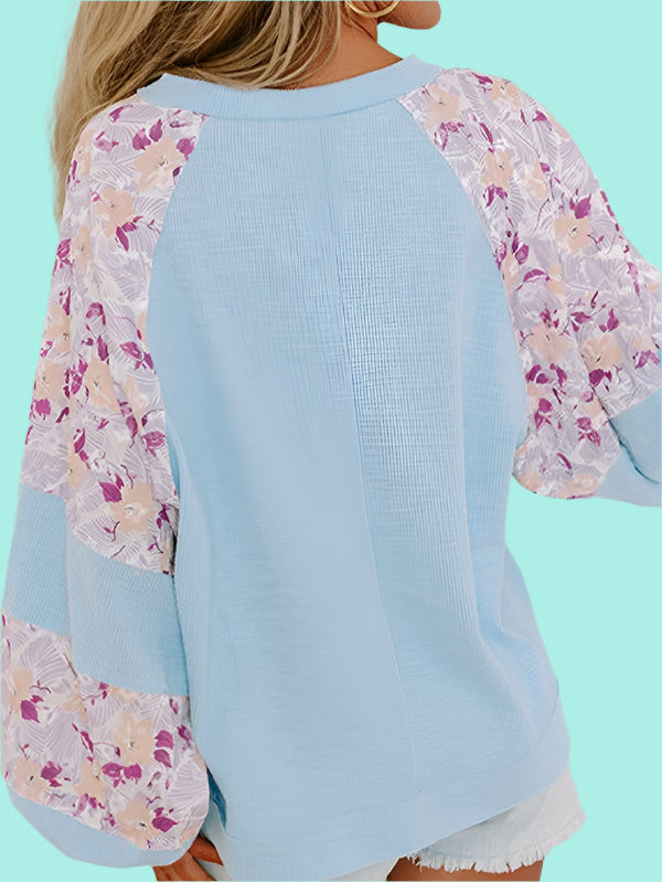 Cotton Ribbed Floral Stitch Balloon Sleeve Pull Over Tee