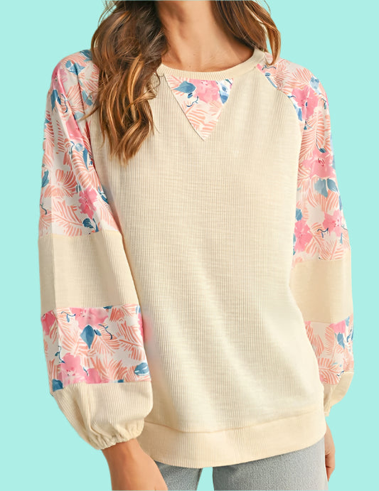 Cotton Ribbed Floral Stitch Balloon Sleeve Pull Over Tee