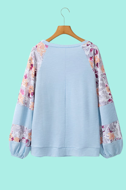 Cotton Ribbed Floral Stitch Balloon Sleeve Pull Over Tee