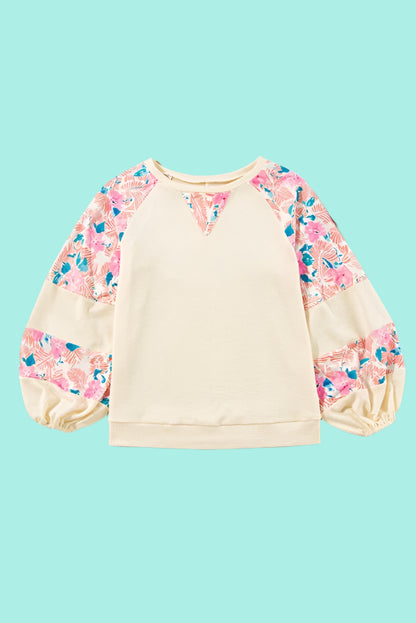 Cotton Ribbed Floral Stitch Balloon Sleeve Pull Over Tee