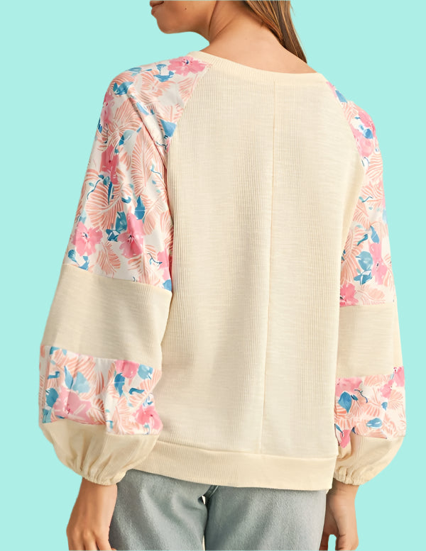 Cotton Ribbed Floral Stitch Balloon Sleeve Pull Over Tee