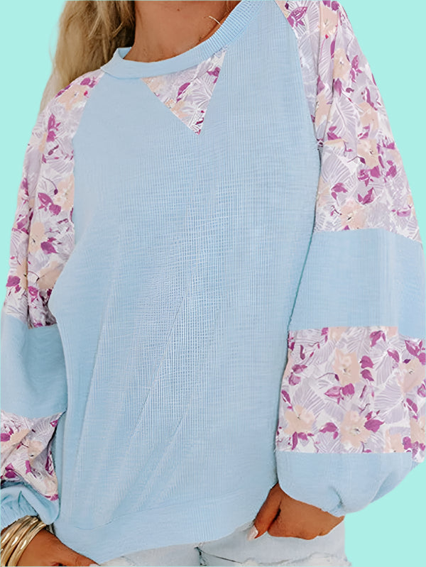 Cotton Ribbed Floral Stitch Balloon Sleeve Pull Over Tee