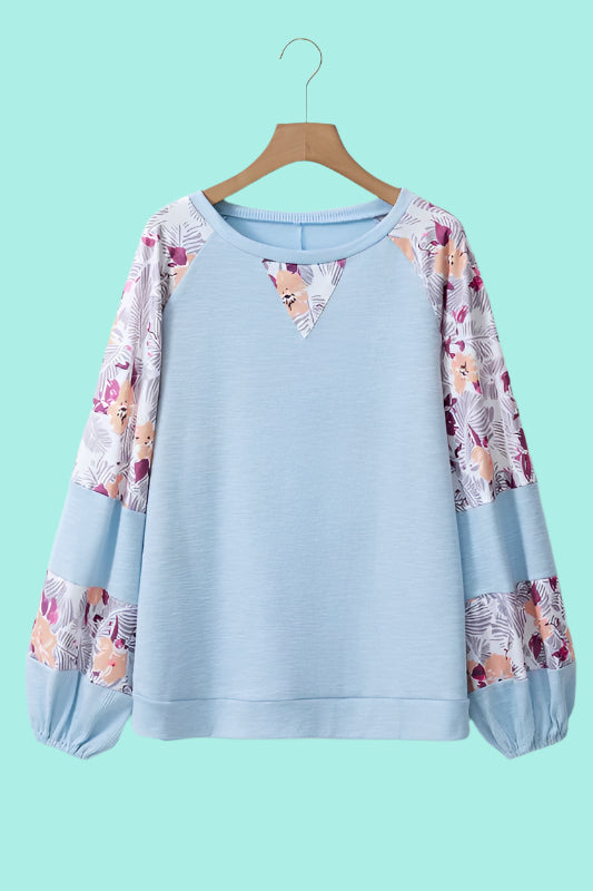 Cotton Ribbed Floral Stitch Balloon Sleeve Pull Over Tee