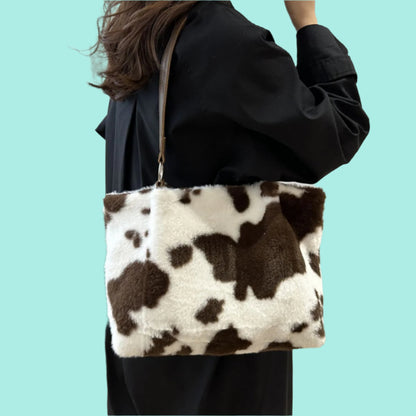 Cow Print Furry Tote Bag