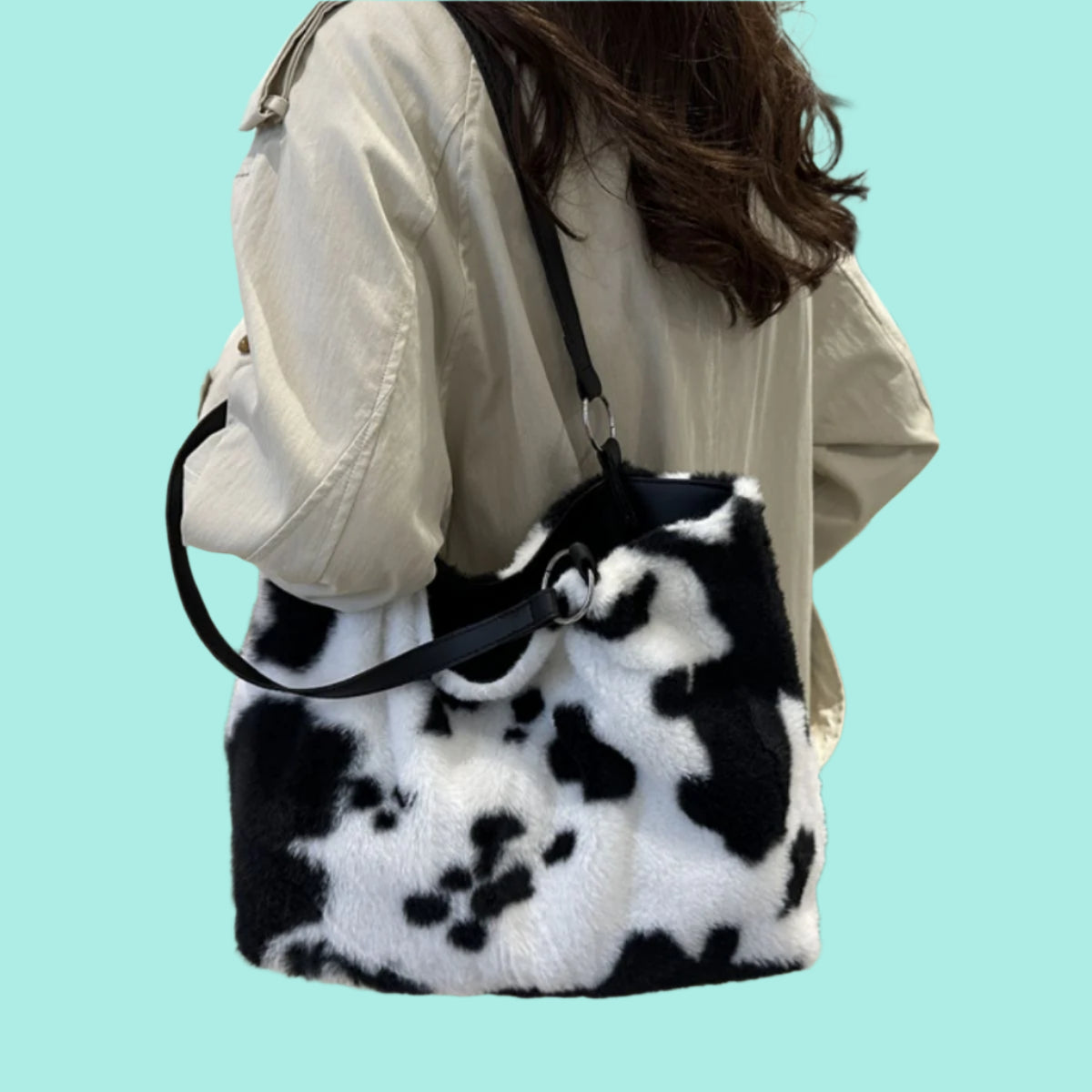 Cow Print Furry Tote Bag