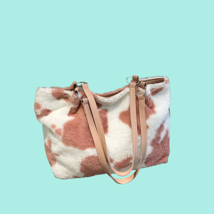 Cow Print Furry Tote Bag