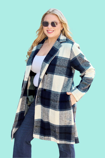 Double Take Full Size Plaid Button Up Lapel Collar Coat