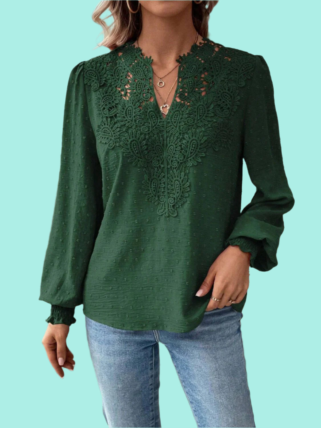 Swiss Dot Lace Detail Notched Long Sleeve Blouse