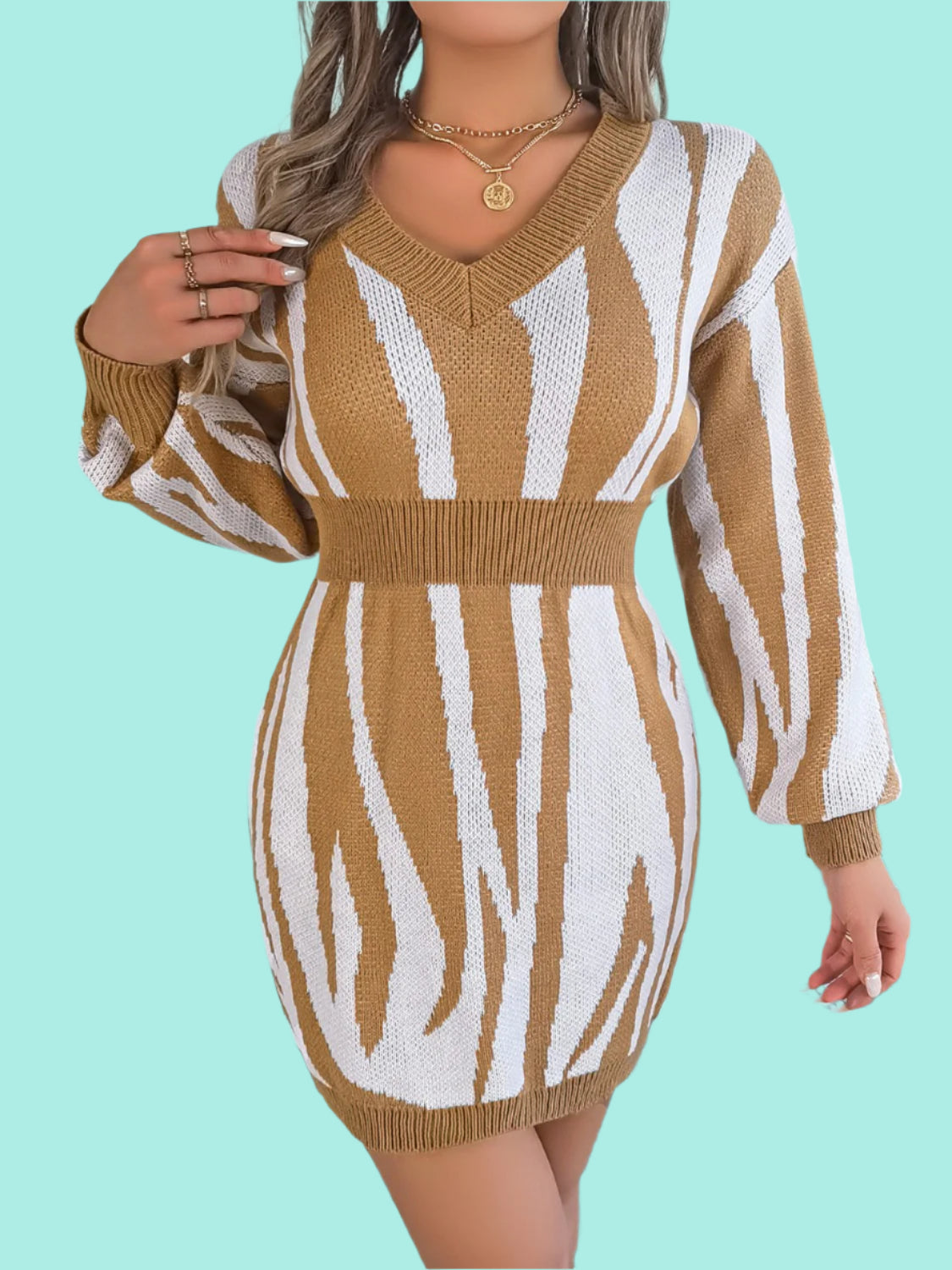 Animal Print V-Neck Long Sleeve Sweater Dress