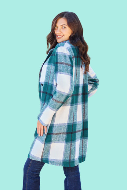 Double Take Full Size Plaid Button Up Lapel Collar Coat