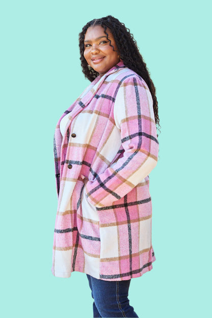 Double Take Full Size Plaid Button Up Lapel Collar Coat