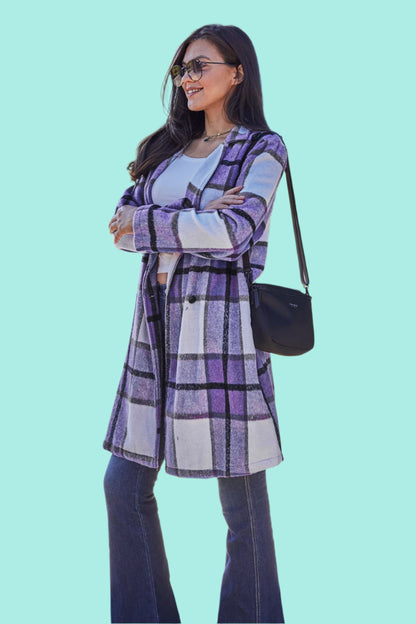 Double Take Full Size Plaid Button Up Lapel Collar Coat