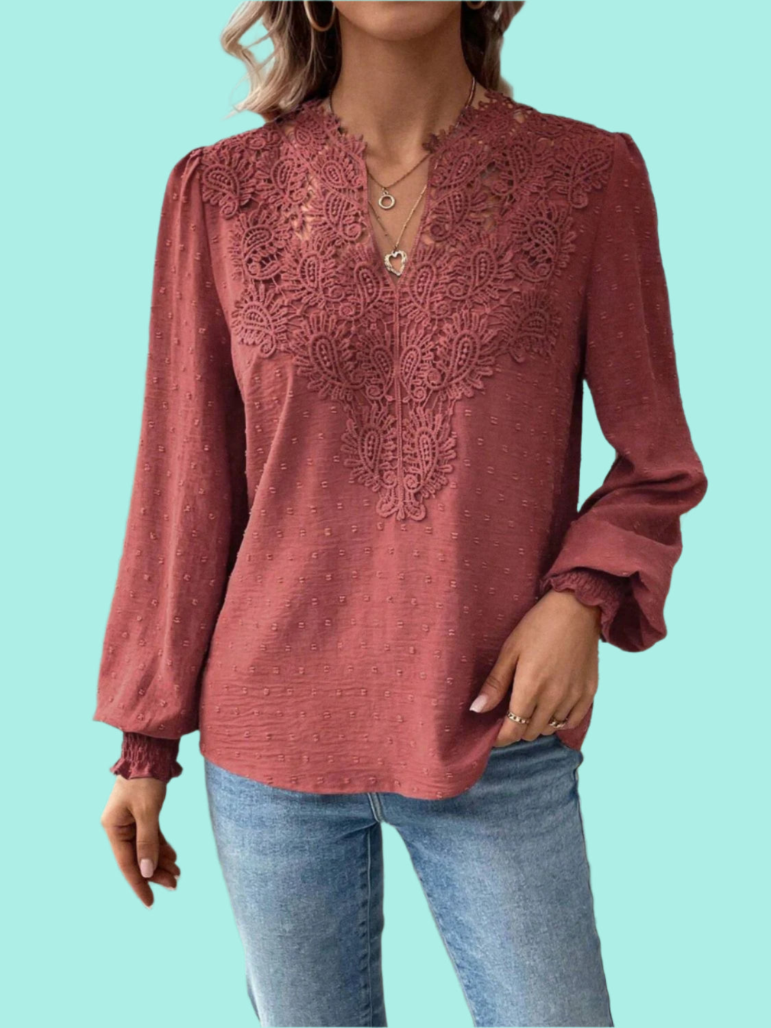 Swiss Dot Lace Detail Notched Long Sleeve Blouse