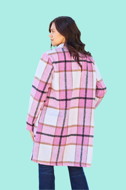 Double Take Full Size Plaid Button Up Lapel Collar Coat