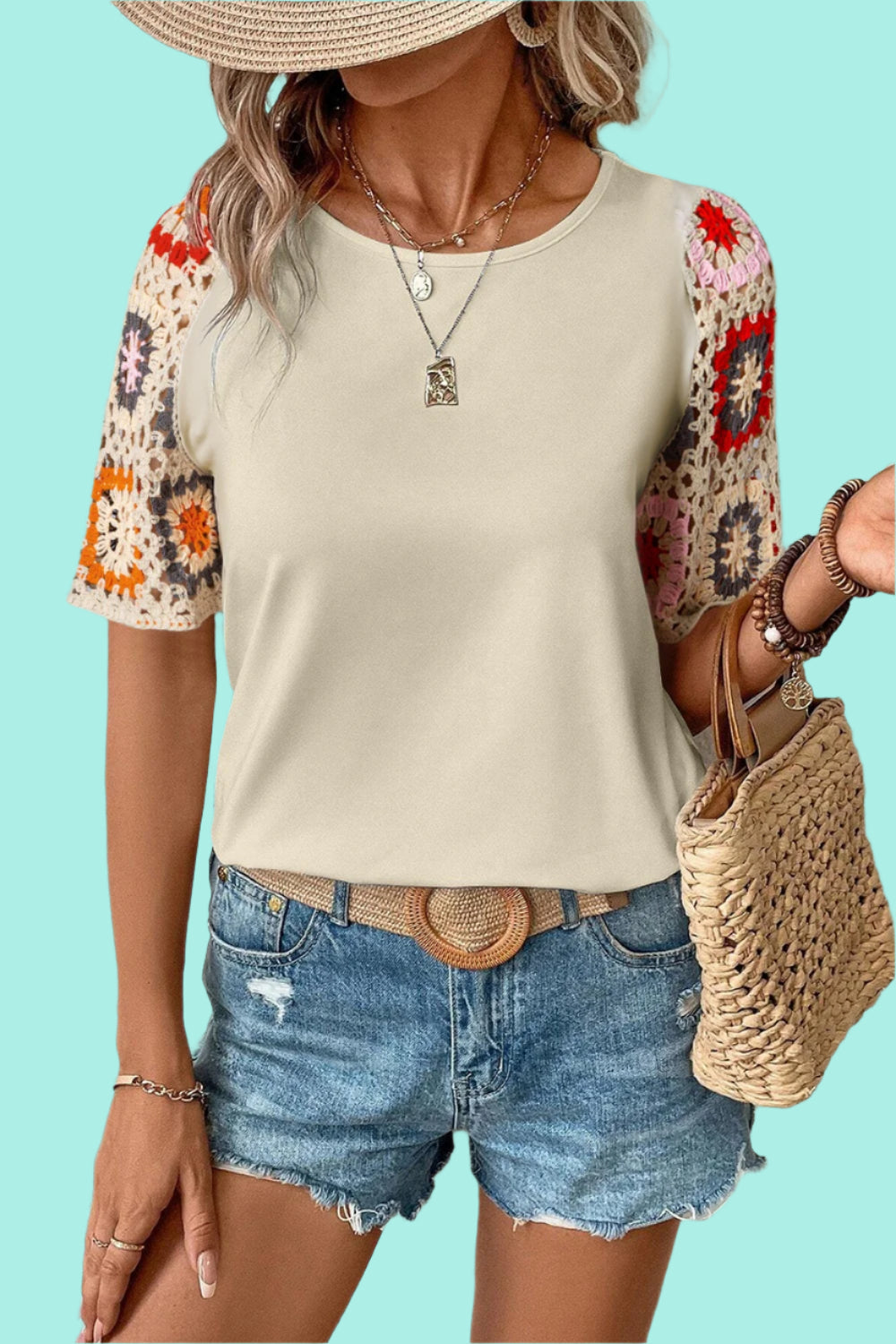 Crochet Round Neck Short Sleeve Blouse