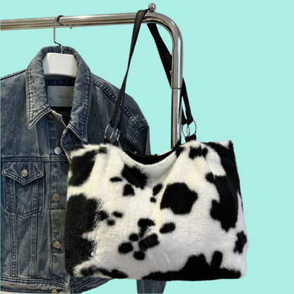 Cow Print Furry Tote Bag