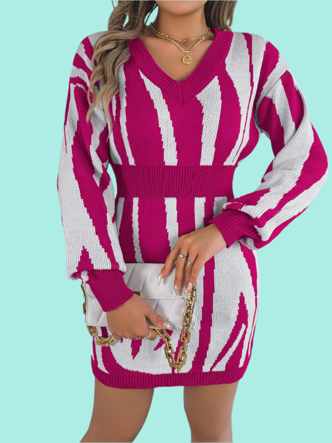 Animal Print V-Neck Long Sleeve Sweater Dress