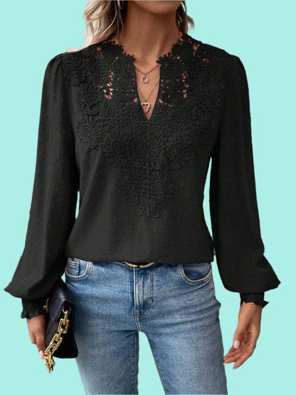 Swiss Dot Lace Detail Notched Long Sleeve Blouse