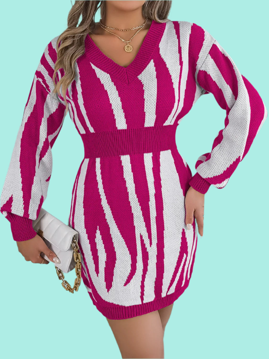 Animal Print V-Neck Long Sleeve Sweater Dress