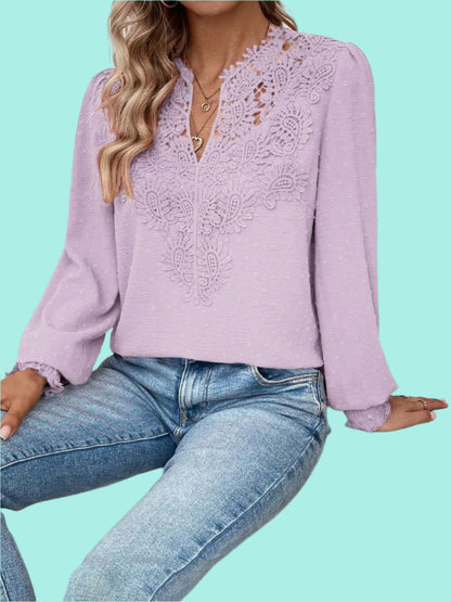 Swiss Dot Lace Detail Notched Long Sleeve Blouse