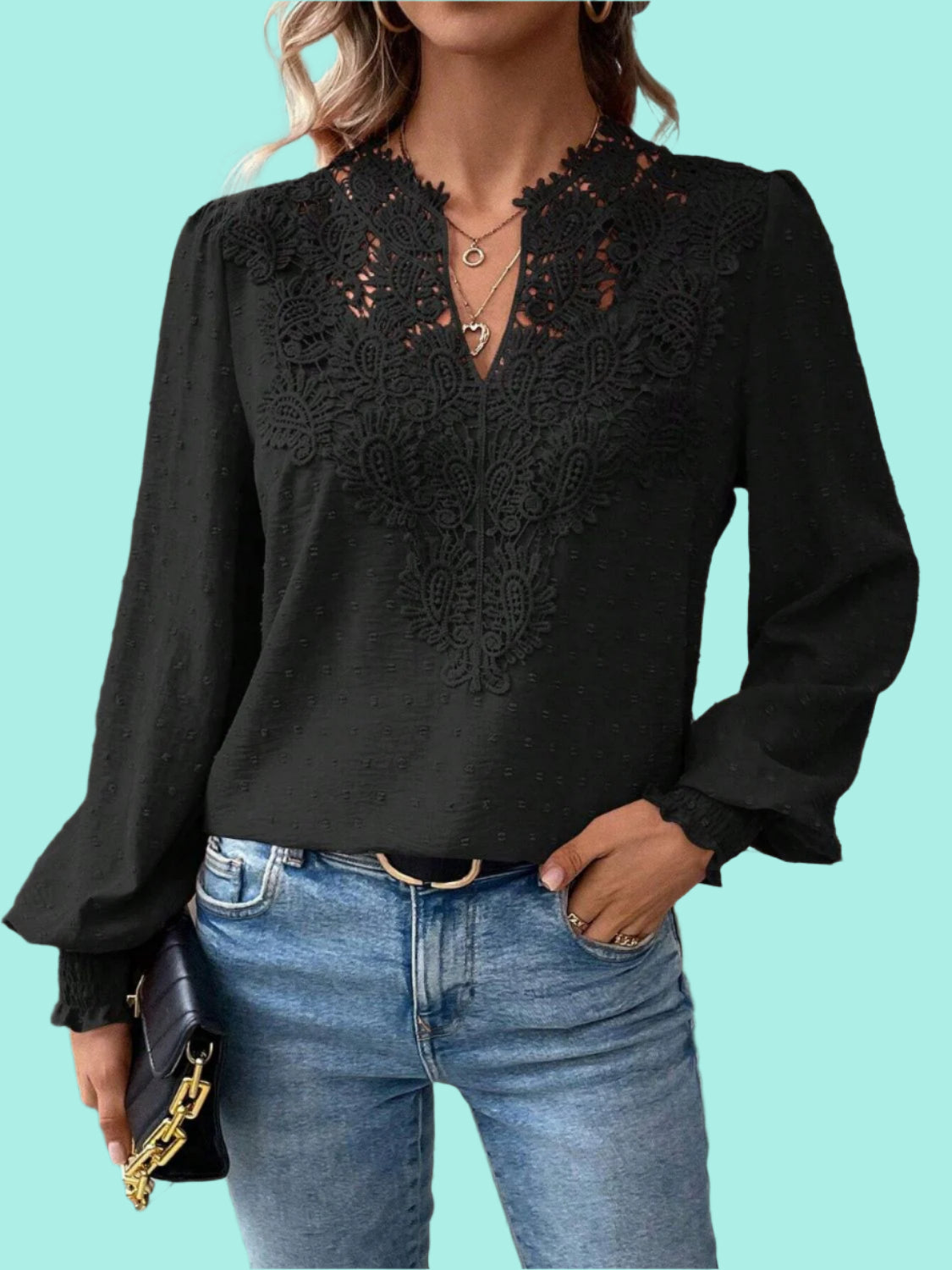 Swiss Dot Lace Detail Notched Long Sleeve Blouse