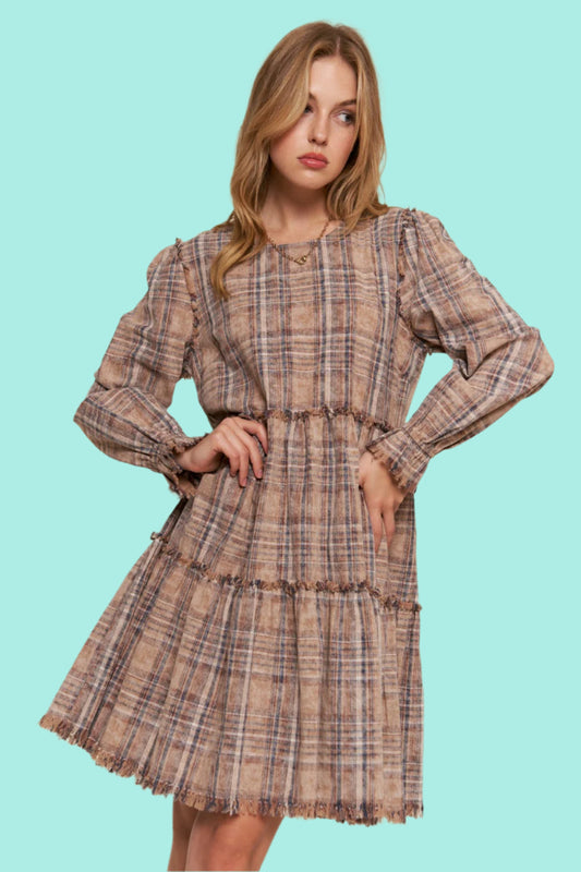 Frayed Tiered Plaid Dress