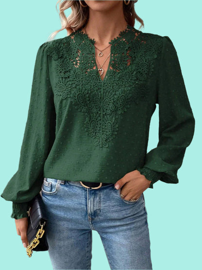 Swiss Dot Lace Detail Notched Long Sleeve Blouse