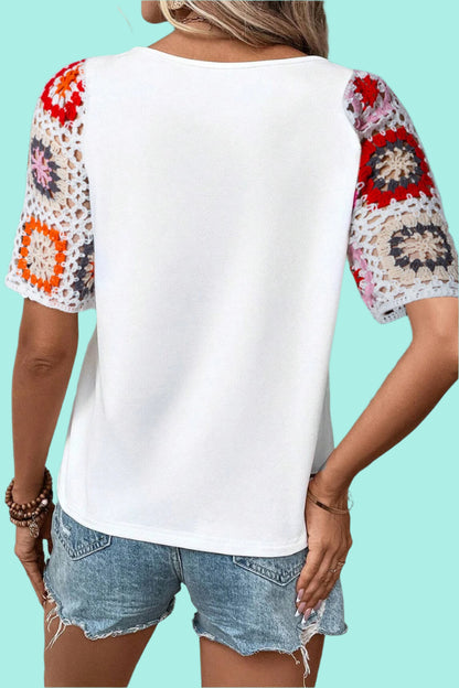 Crochet Round Neck Short Sleeve Blouse