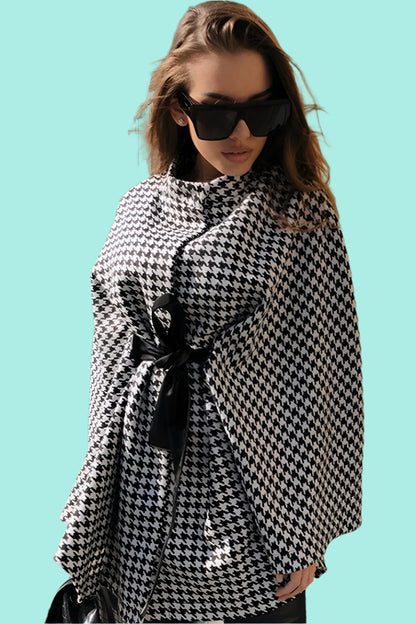 Houndstooth Tie Waist Trench Coat