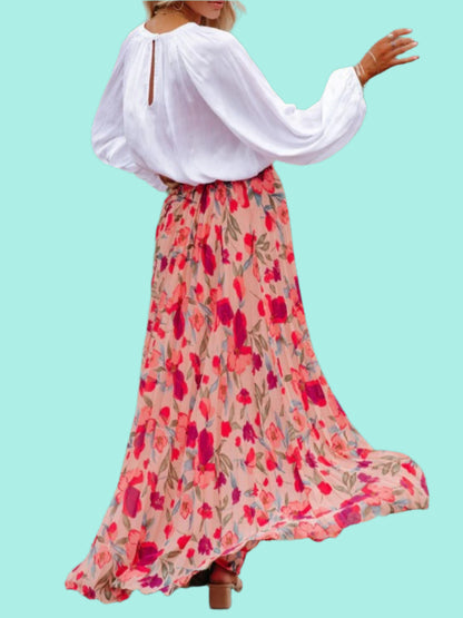 Printed Elastic Waist Pleated Maxi Skirt