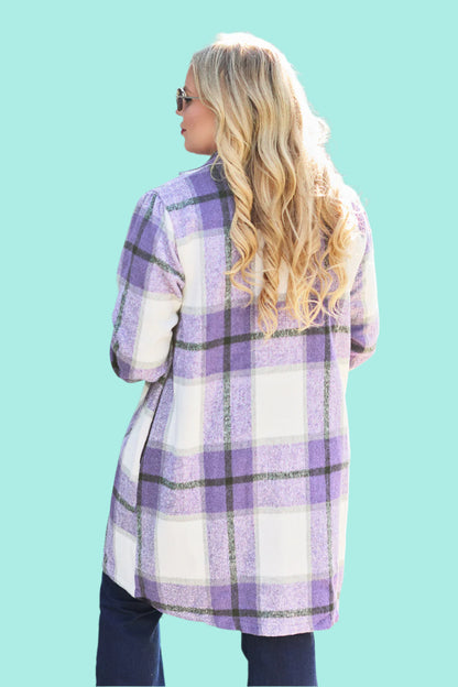 Double Take Full Size Plaid Button Up Lapel Collar Coat