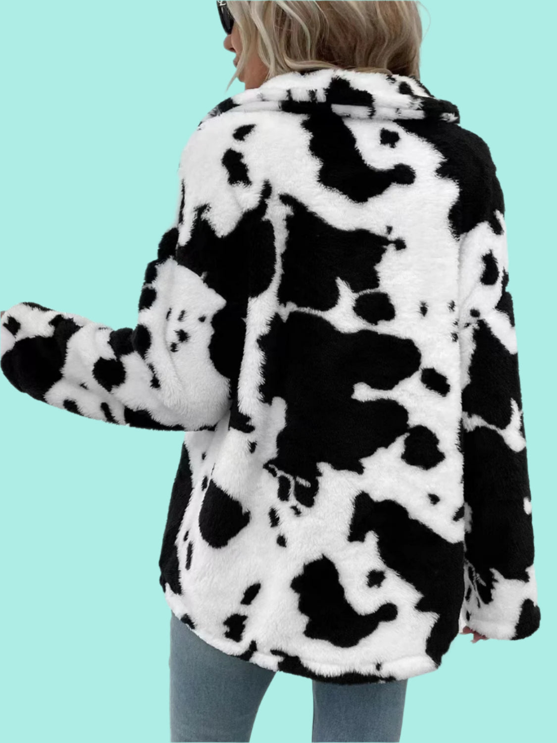 Cow Print Collared Neck Button Up Fuzzy Jacket